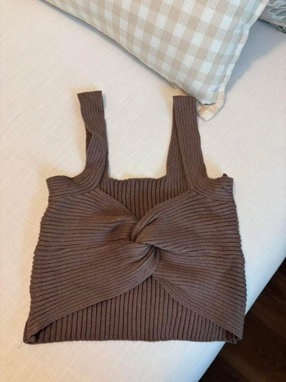 Knot Front Ribbed Tank Top - Brown